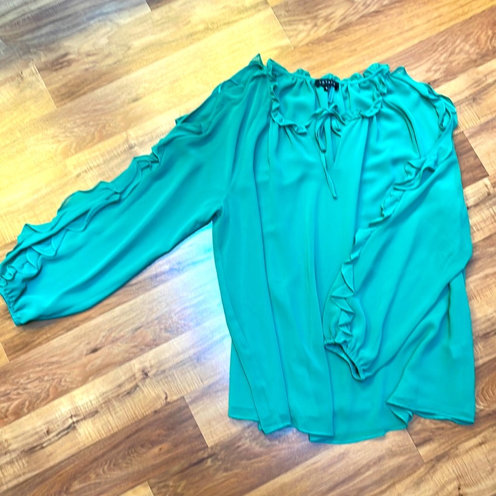 1. State Green Blouse/Top, long sheer sleeves, peekaboo shoulders, 1X